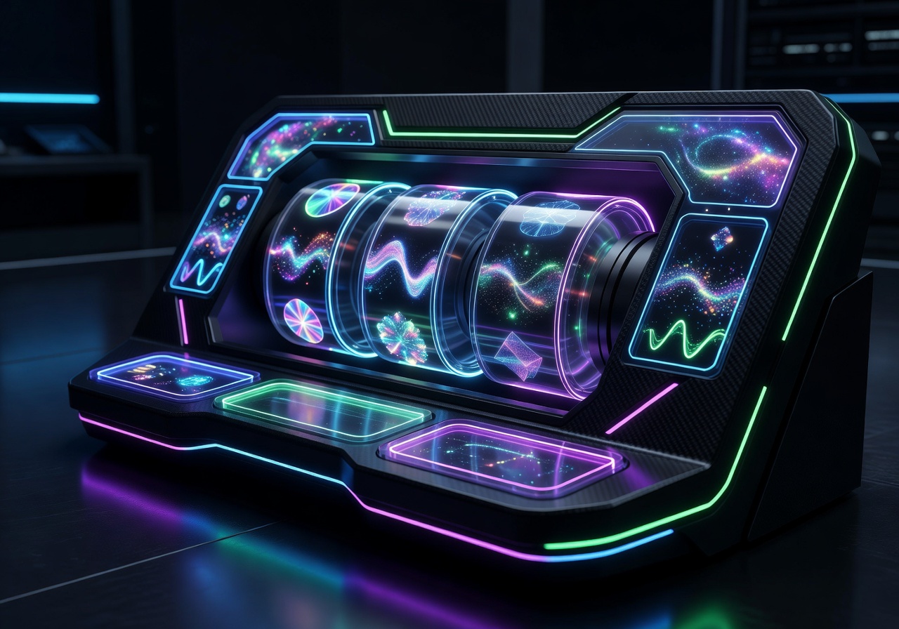 Futuristic quantum slot machine interface with neon accents