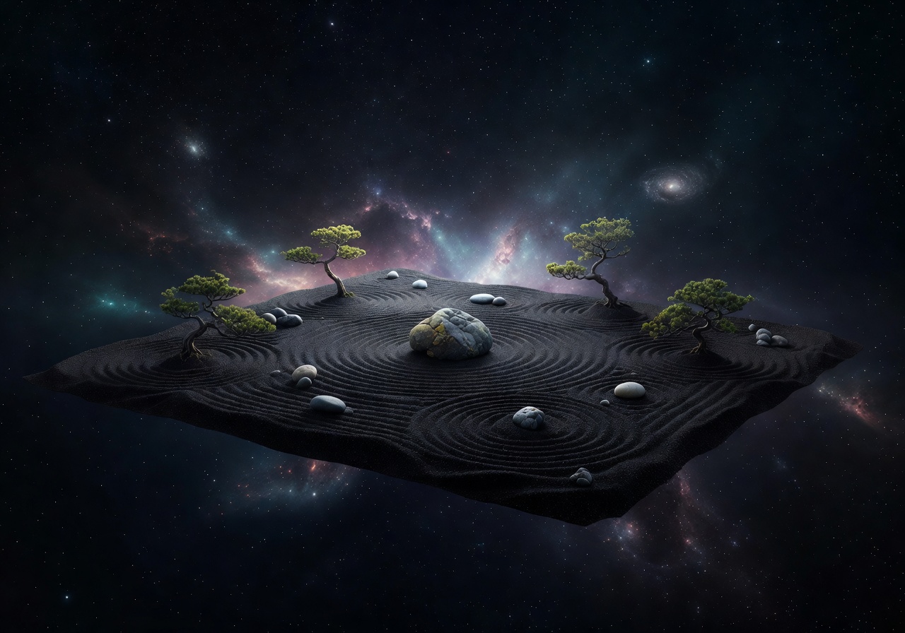 A peaceful zen garden floating in outer space representing balance